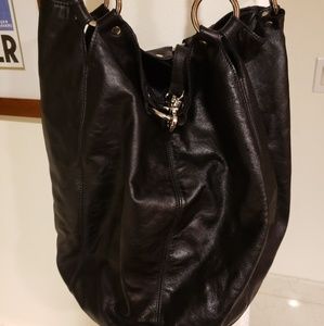 Black leather bucket purse